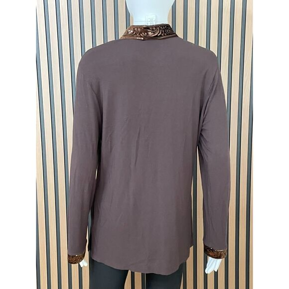 Talbots Petites Women's Top Blouse L Brown Tunic Stretch Sequin Whimsigoth Y2k - Picture 2 of 8